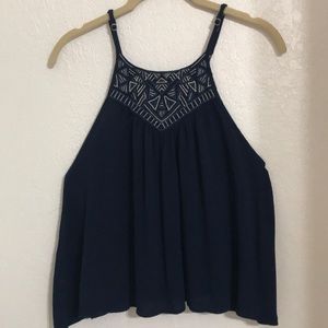Blue halter neck top with design under neck